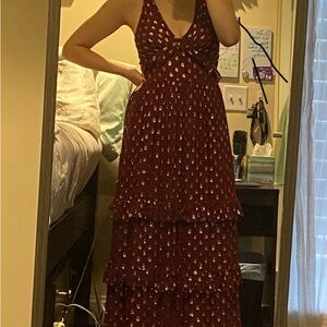 Altar'd State Burgundy and Gold Tiered Ruffled Maxi Dress